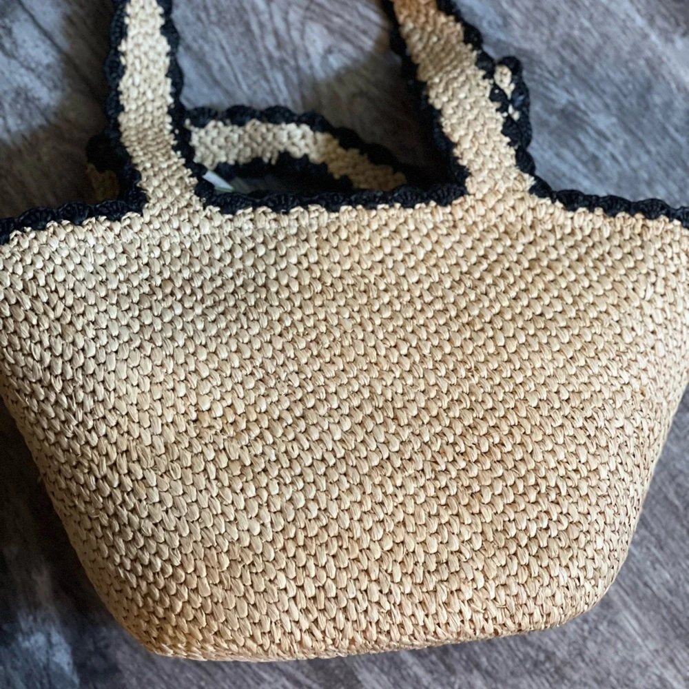kate spade straw tote with black trim